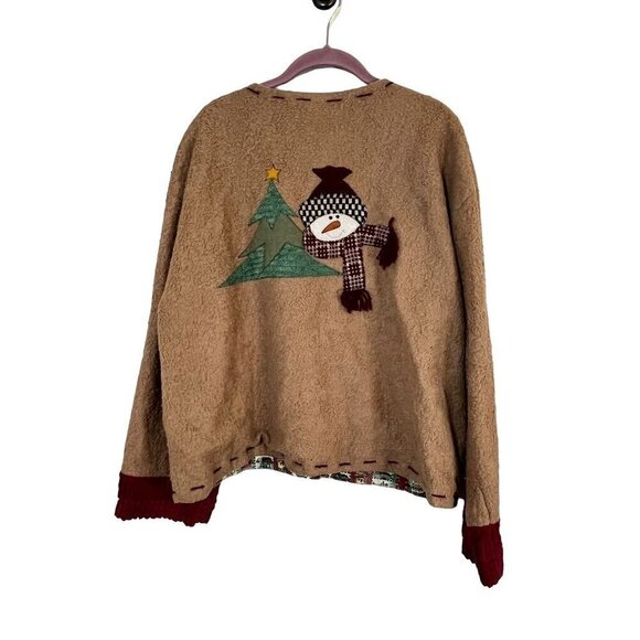 Vintage Jacket L Brown Kirklands Fleece Snowman Festive Christmas Holiday Mature - Picture 9 of 11